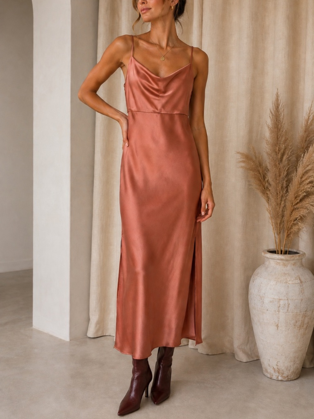 Sachin & Babi Cali Satin Cowl Neck Midi Dress Dusty Rose Size 4